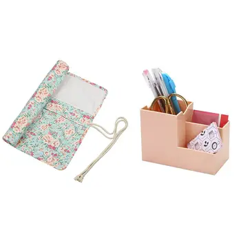 

20 Pockets Art Paint Brushes Case Roll Up Pen Holder Canvas Pouch Bag with 4 Grids Square Pen Pencil Holders (Pink)