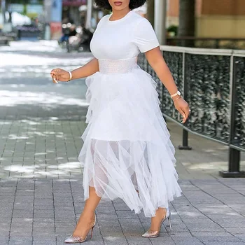 

Round neck short-sleeved net color T-shirt skirt plus yarn skirt suit T-shirt skirt + mesh skirt Two-piece suit