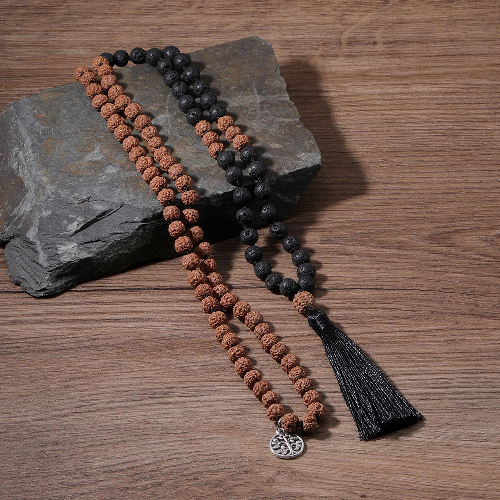 

Rudraksha&Black Lava Beaded Knotted 108 Mala Necklace Meditation Yoga Japamala Jewelry with Tree of Life Charm