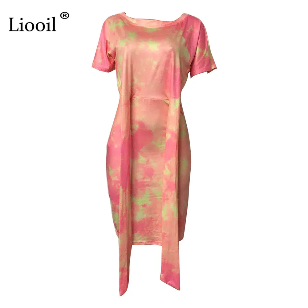 Liooil Tie Dye сексуальное облегающее платье миди для женщин летние платья с коротким рукавом на шнуровке с высокой талией женские вечерние платья для ночного клуба