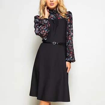 

Women Autumn Winter Vintage A-line Dress Belt Elegant Flower Print Patchwork Long Sleeve Dress Party Vestidos