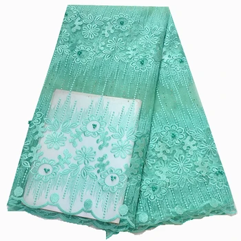 

African Tulle Lace Fabric in mint green beaded French Lace Fabric for wedding bride Mesh Lace with stones