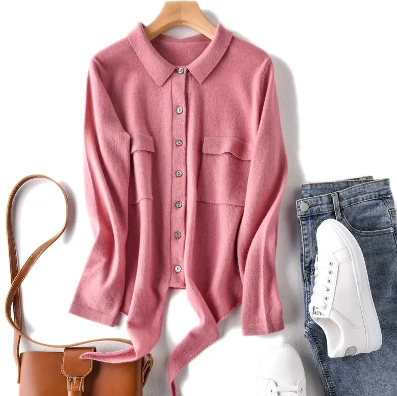 Женские кардиганы куртка шерсть вязаные свитера Новая модная зимняя одежда 6 цветов отложной воротник женские джемперы - Цвет: pink