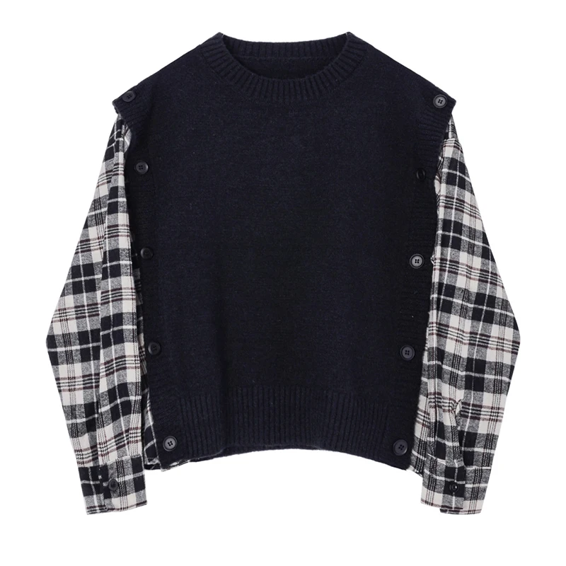 [EAM] Gray Plaid Big Size Knitting Sweater Loose