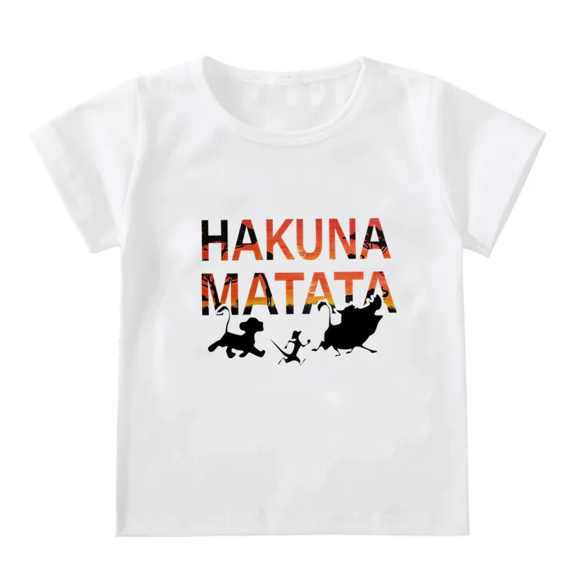 От 1 до 12 лет; модная детская футболка Hakuna Matata; Kawaii; футболка с рисунком; Детские повседневные милые топы; свободные белые футболки с круглым вырезом