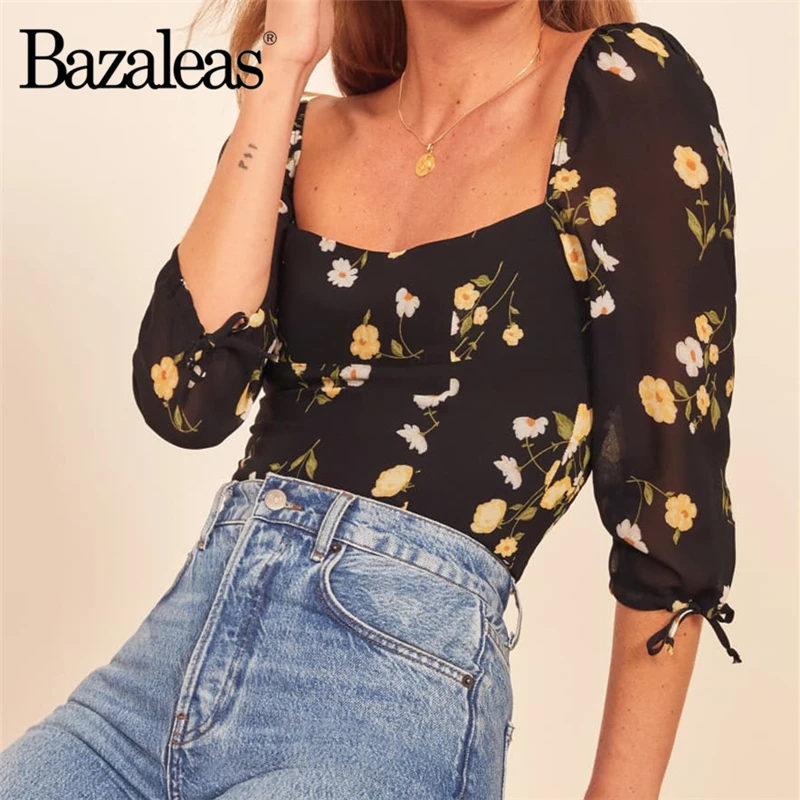Bazaleas Fashion Half Sleeve Slim blusas 2020 Vintage Yellow Floral Print womens tops and blouse Chic blusa feminina | Женская одежда