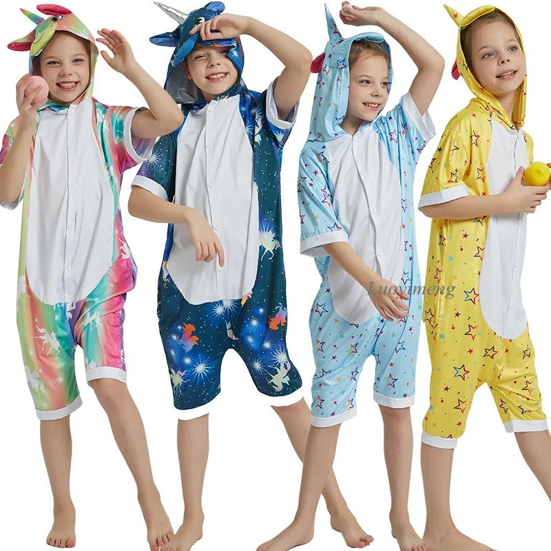 Summer Kids Pajamas Kigurumi Onesie Unicorn Sleepwear For Children Licorne Jumpsuits Animal Fox Blanket Sleepers Baby Costumes