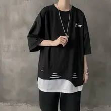 Summer Japanese fashion brand 5.5-sleeve men's and Korean fashion students' hole stitching round neck short sleeve T-shirt