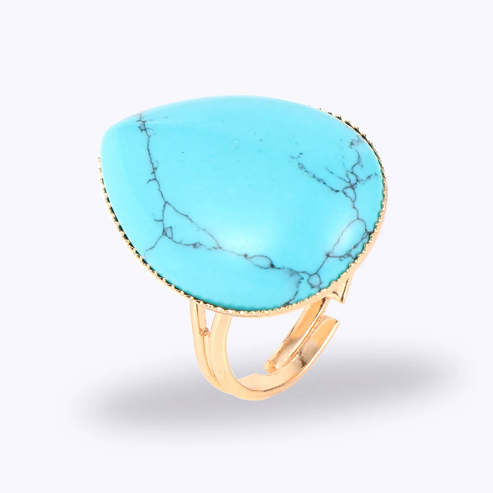 Women Men Natural Stone Turquoises Finger Rings Water Drop Gem Tiger Eye Crystal Onyx Copper Open Resizable Joint Ring Jewelry | Украшения
