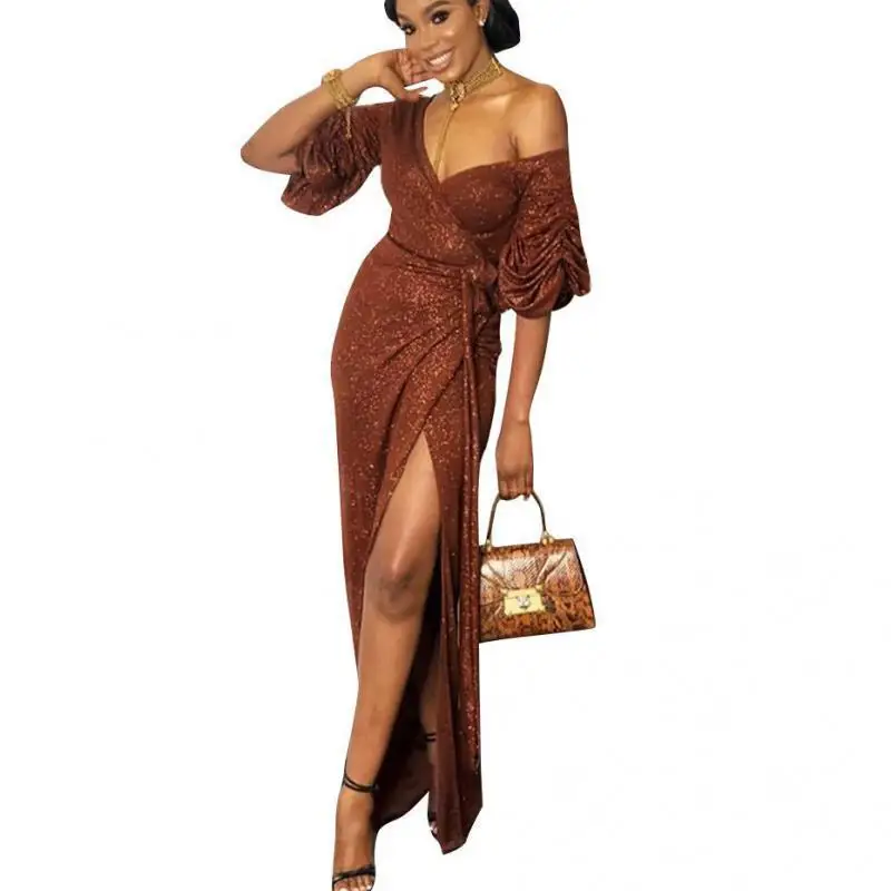 Women Dress Slash Neck Puff Sleeve Split Vintage Dresses Plus Size Bandage Sexy Long 2021 New Fashion | Женская одежда