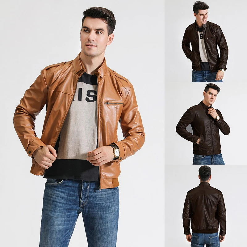 Fashion Leather Jacket Long Sleeve Zipper Male Coats Slim O Neck Chaqueta Moto Motorcycle Jaket|Faux Leather Coats| - AliExpress