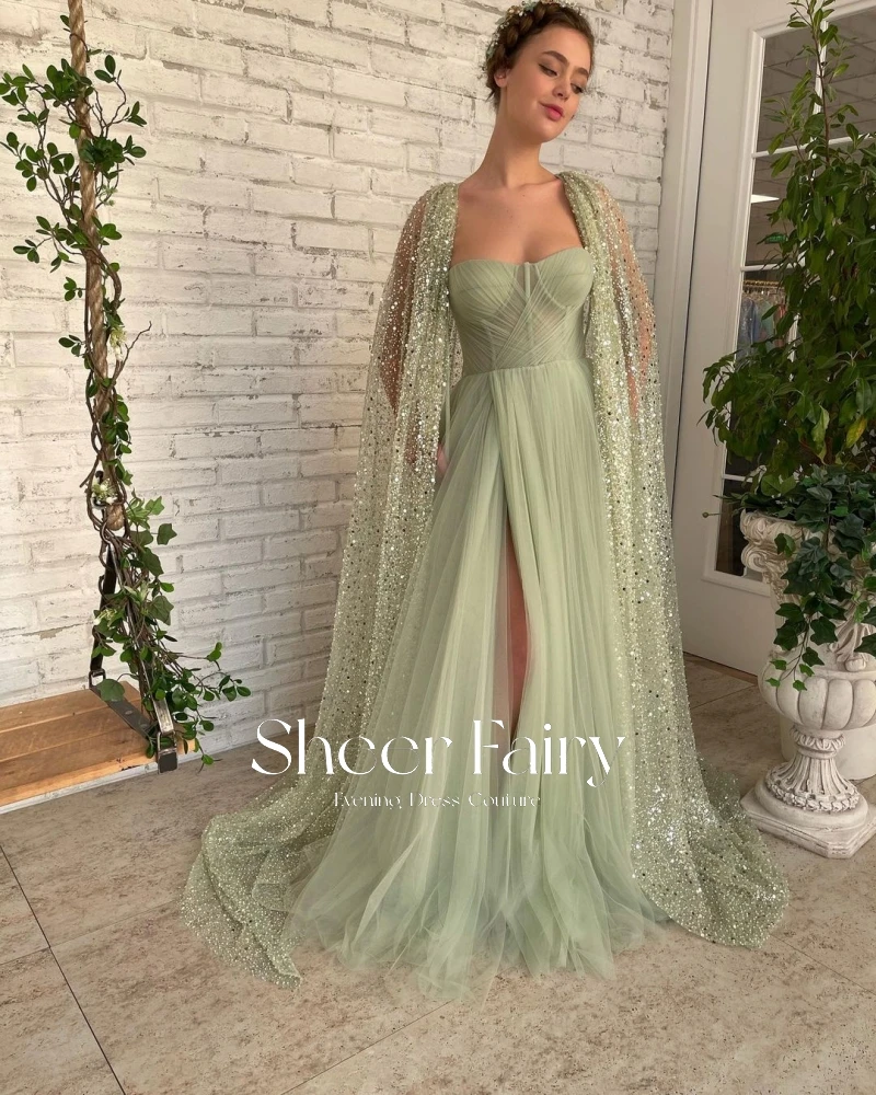 Sheer Fairy Mint Green High Slit Prom Evening Dress with Cape Sleeve Luxury Beaded Dubai Women Formal Party Gowns for Wedding plus size evening gowns