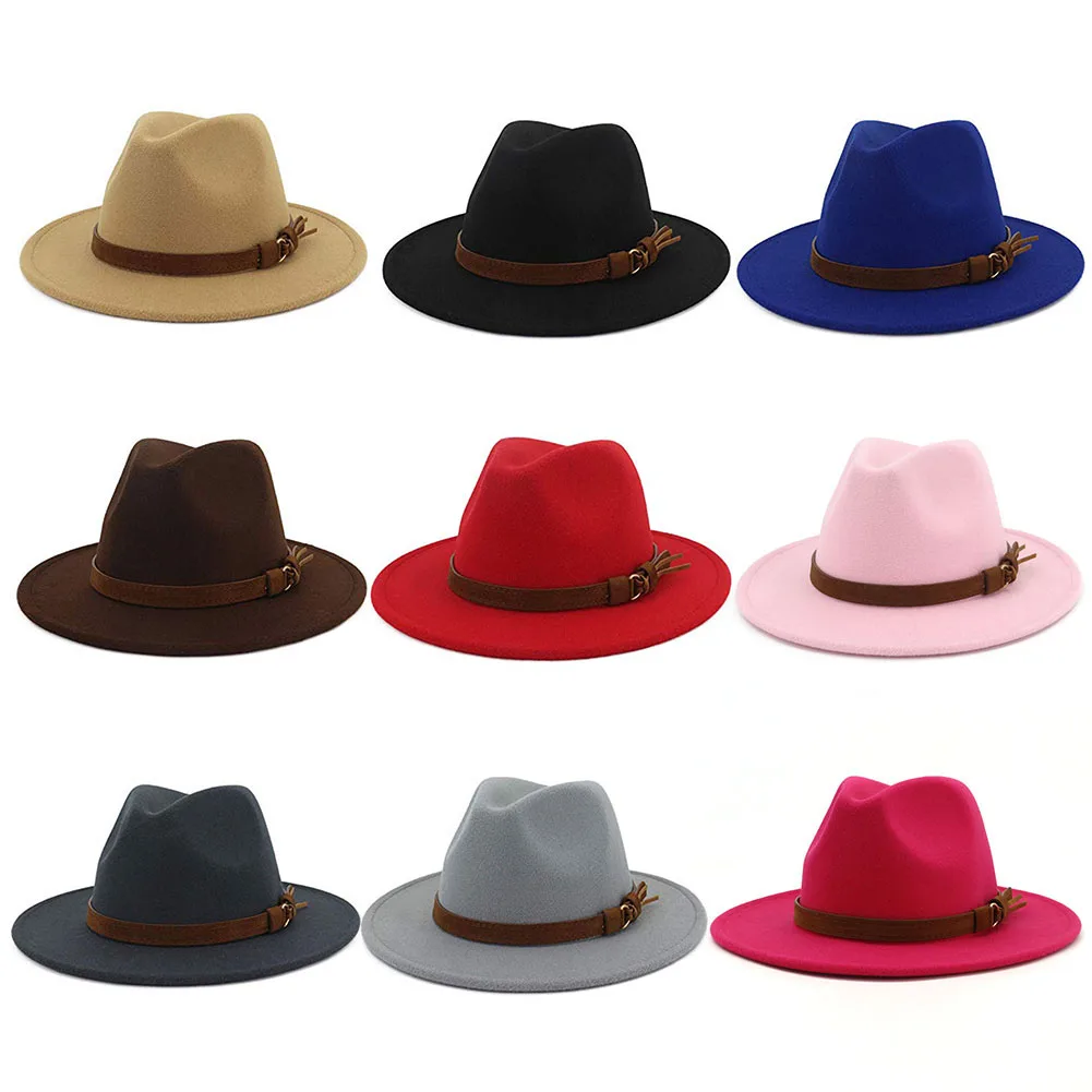 Винтаж сплошной цвет фетровый котелок с широкими полями Fedora Hat Зима флоппи Женская кепка Джаз горра Европейский Американский Круглый Кепка s котелок шапки