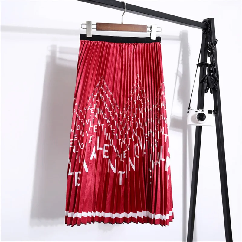 Trytree/осенне-зимняя женская повседневная юбка с принтом в виде букв, 4 цвета, плиссированная юбка трапециевидной формы, модная эластичная юбка до середины икры для офиса - Цвет: Red