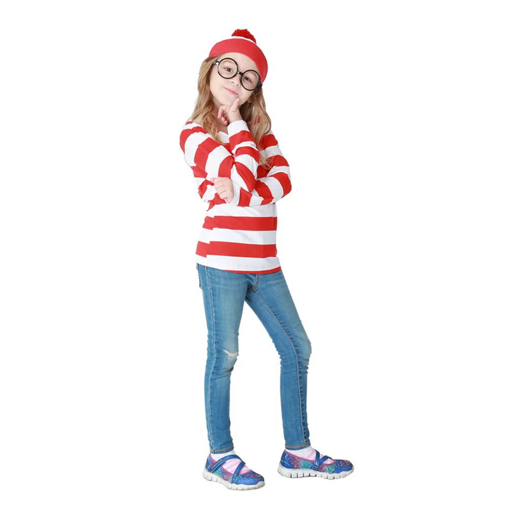 S-XXL Parent-Child Cartoon Where is Wally Waldo Costume Waldo Book Week Cosplay Outfit Stripe Shirt Hat Glasses Kit vampire costume women