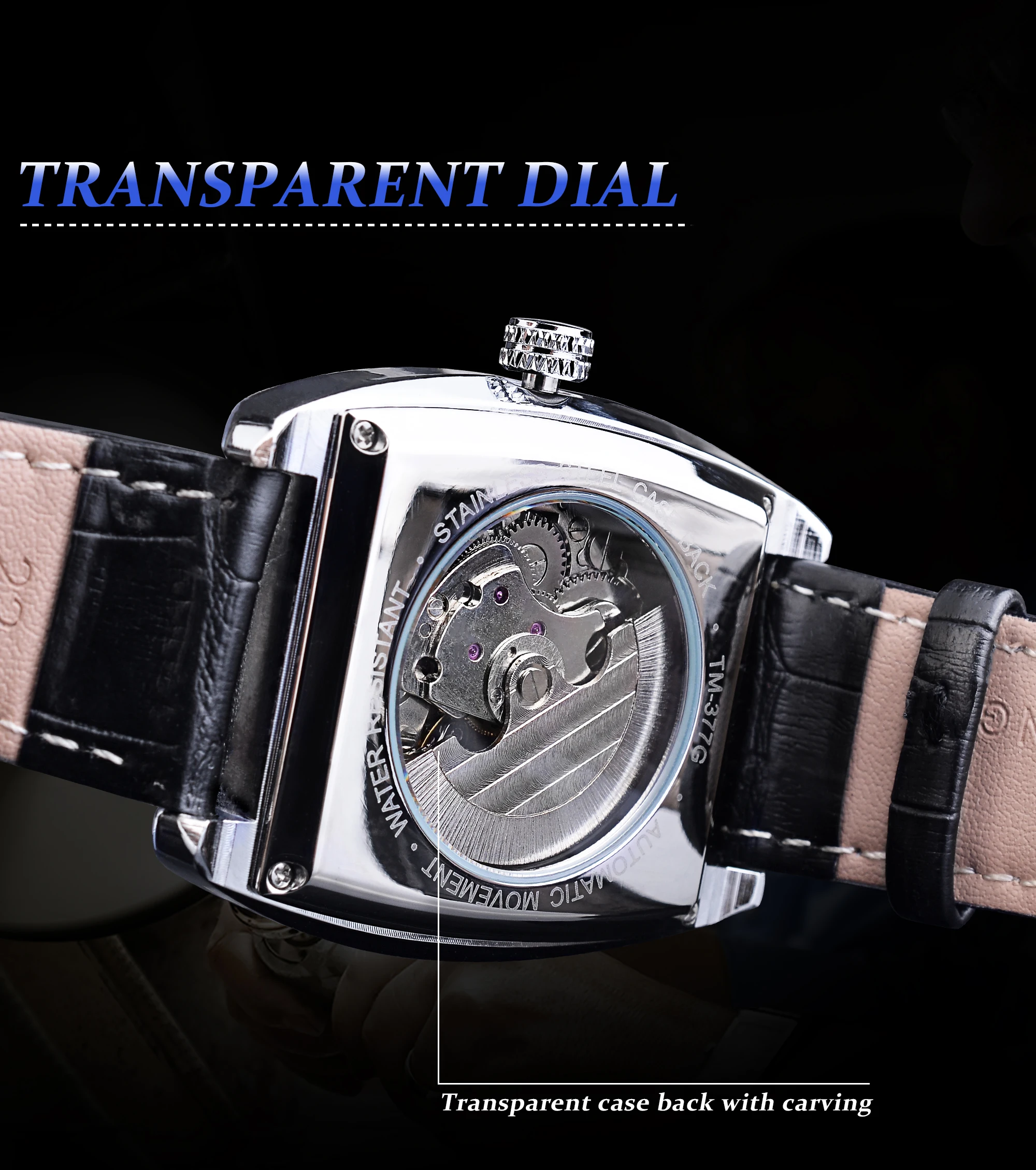 Forsining Black Dial Waterproof Automatic Mechanical Watch Skeleton Rectangle Military Watches With Bule Pointer Genuine Leather
