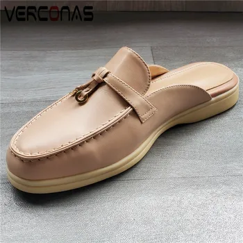 

VERCONAS 2020 Fashion Mules Woman Sandals Women Pumps Metal Decoration Genuine Leather Summer Round Toe Square Heels Shoes Woman