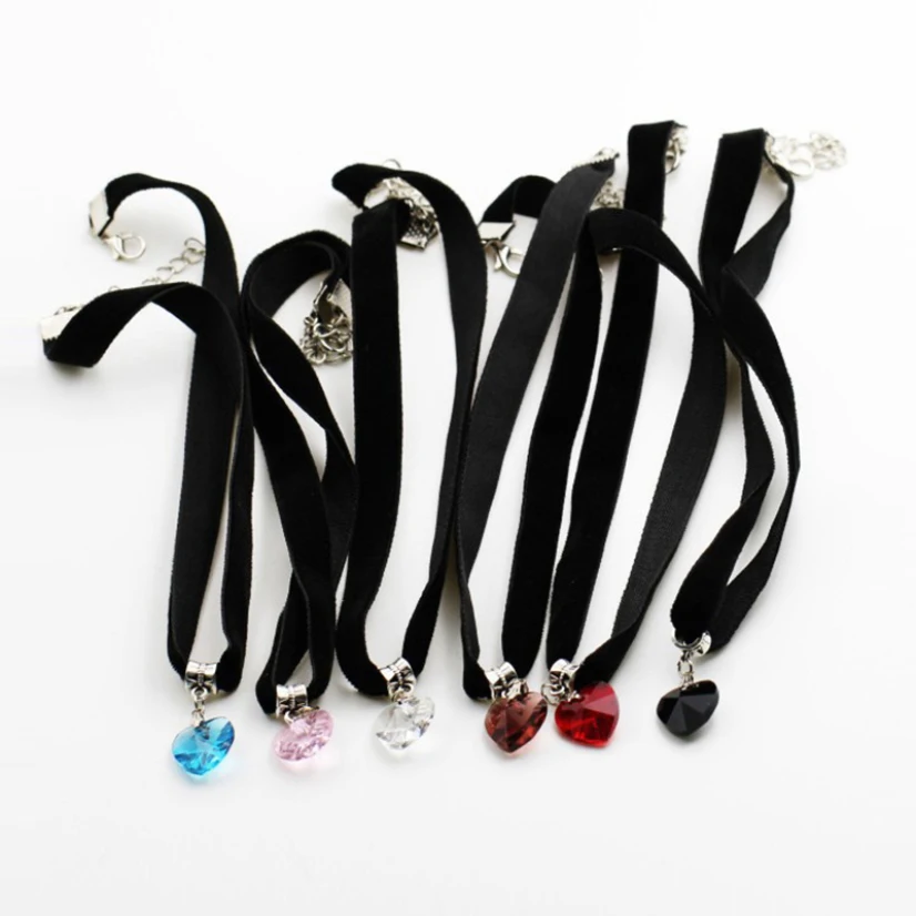 Подвеска в форме сердца с кристаллом Женская черная фланелевая Шейная цепочка