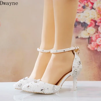 

2019 new pointed rhinestone pearl pointed drill with a word with women's high heels