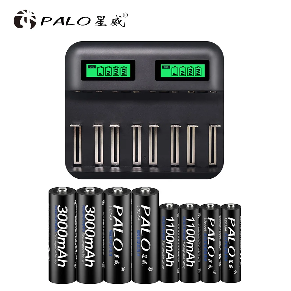PALO, ЖК-дисплей, умное зарядное устройство USB для аккумуляторов AA, AAA, C, D размера, аккумуляторная батарея+ 1,2 в Ni-MH, AA, AAA, аккумуляторы - Цвет: 4AA4AAA and charger