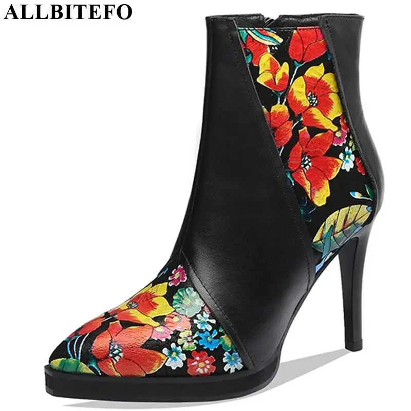 

ALLBITEFO real genuine leather mixed colors women boots pointed toe high heel ankle boots comfortable breathable fashion girls boots