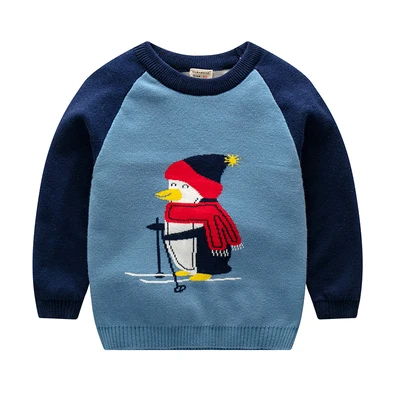 penguin blue Свитера для маленьких мальчиков от 2 до 8 лет трикотажная одежда пуловеры с круглым вырезом хлопковые свитера с рисунком динозавра для девочек Детский свитер - Цвет: penguin blue