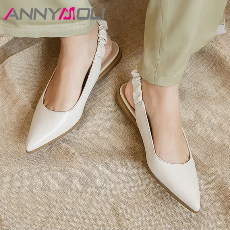 

ANNYMOLI Women Slingbacks Shoes Natural Genuine Leather Flat Shoes Dress Elastic Band Pointed Toe Female Footwear Beige Black