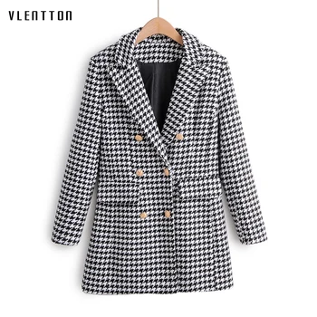 

Autumn Winter Vintage Plaid Tweed Long Blazers Coat Women Gold Button Houndstooth Suit Overcoat Office Jacket Blazer Feminino