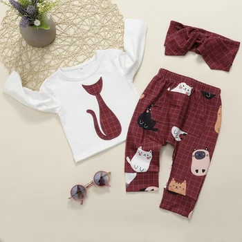 

Autumn Baby Girls Clothes Set Outfits Long Sleeve Cartoon Print T-shirt Tops And Plaid Trousers With Headband