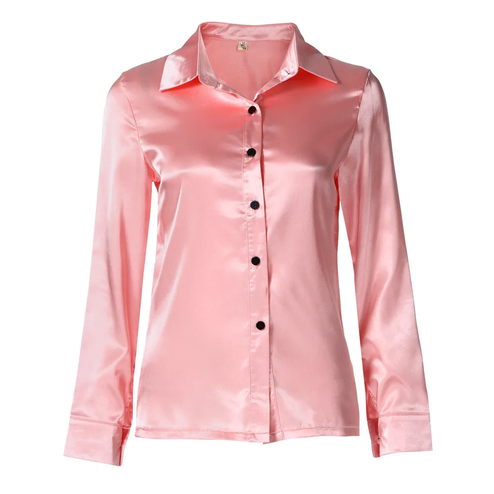 Pink Женская Элегантная блузка, модная атласная рубашка, отложной воротник, длинный рукав, Женская официальная офисная OL Блузка, женские Топы# YJ - Цвет: Pink