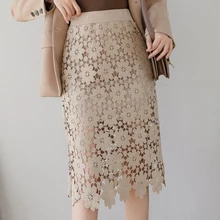 Корейская облегающая кружевная юбка, женская элегантная эластичная юбка-карандаш с высокой талией, Цветочная открытая Офисная Женская юбка, вязаная Внутренняя юбка