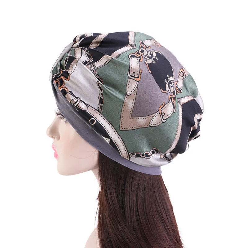 Fashion Stretch Turban Cap Simulation Silk Muslim Hat Sleeping Hat Chemotherapy Cap Retro Print Bandanas Headwear Elegant Hijab