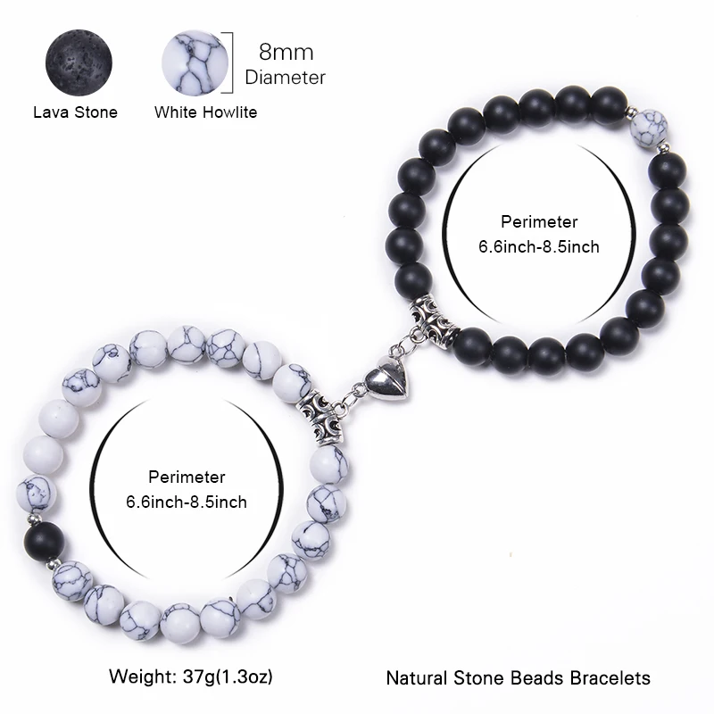 Fashion 2pcs/set Couple Bracelets Natural Stone Beads Bracelet Heart shaped Magnet Attraction Bracelet for Lovers Jewelry