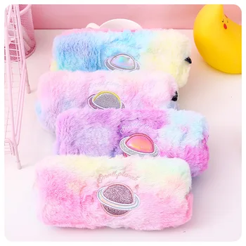 

1 Pcs Creative Kawaii Tie Dye Rabbit Hair Cosmic Square Pencil Bag Plush Girl Pencil Case office School Supplies