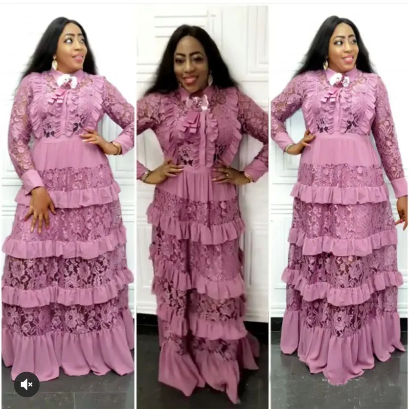 Women Dashiki African Long Dress Fashion Ladies Lace Long Sleeve Edge Stitching Multi-layer Cake Dress Large Size XL-3XL