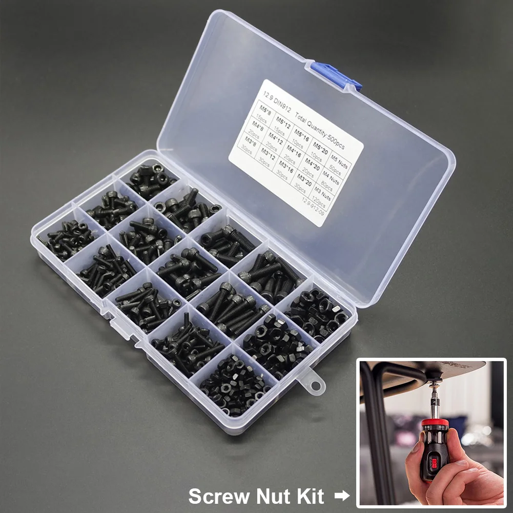 

500 Pcs Black Universal Carbon Steel Rustproof Fastener With Storage Box M3 M4 M5 Hardware Hex Socket Assortment Screw Nut Kit