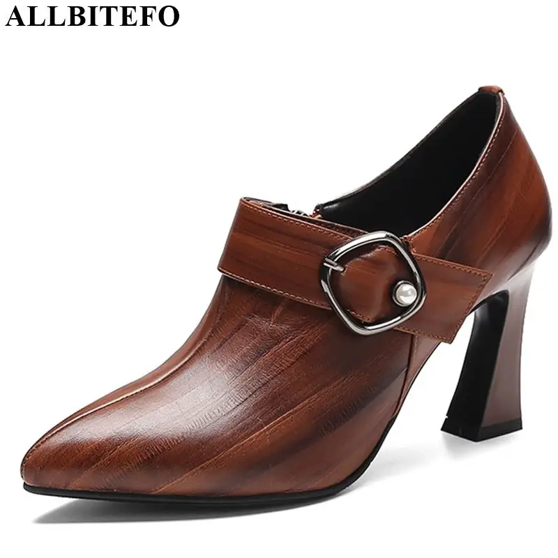ALLBITEFO natural genuine leather buckle square toe high heels leisure girl high thick heel shoes hot sale women platform shoes