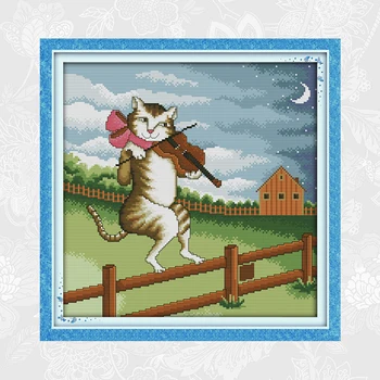 

The cat playing the violin DIY Needlework Kits Embroidery Sets 11CT Counted Canvas 14CT Printed Fabric Cross Stitch Painting
