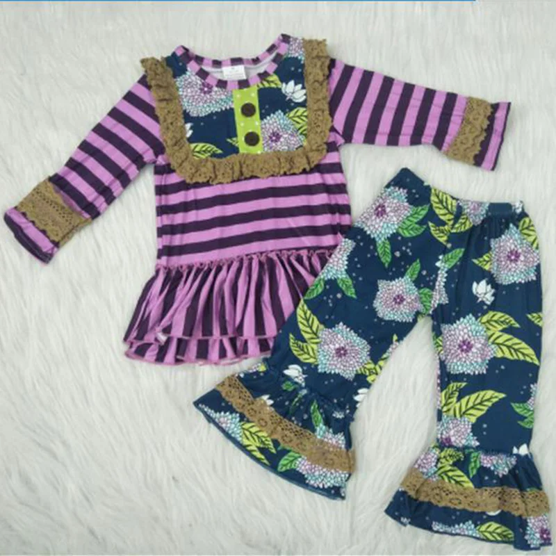 Топ в полоску; Одежда для маленьких девочек; детский комплект одежды в цветочек; сезон осень-зима; детский комплект одежды из бутика; фиолетовая детская одежда