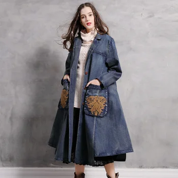 

Women's 2020 Spring Autumn Long Trench Coats new lapel denim Windbreaker outerwear retro embroidered large pocket loose Coat b74