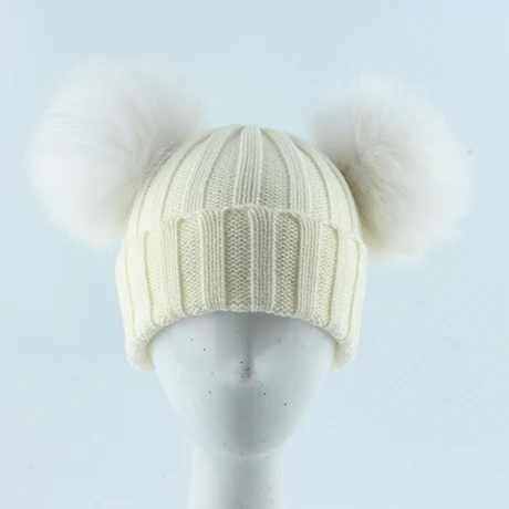 Белый New Winter Hats For Girls Boys Fox Fur Pompom Hat Baby Kids Beanie Double Pompom Fur Hat Children Knitting Hat Skullies - Цвет: Белый
