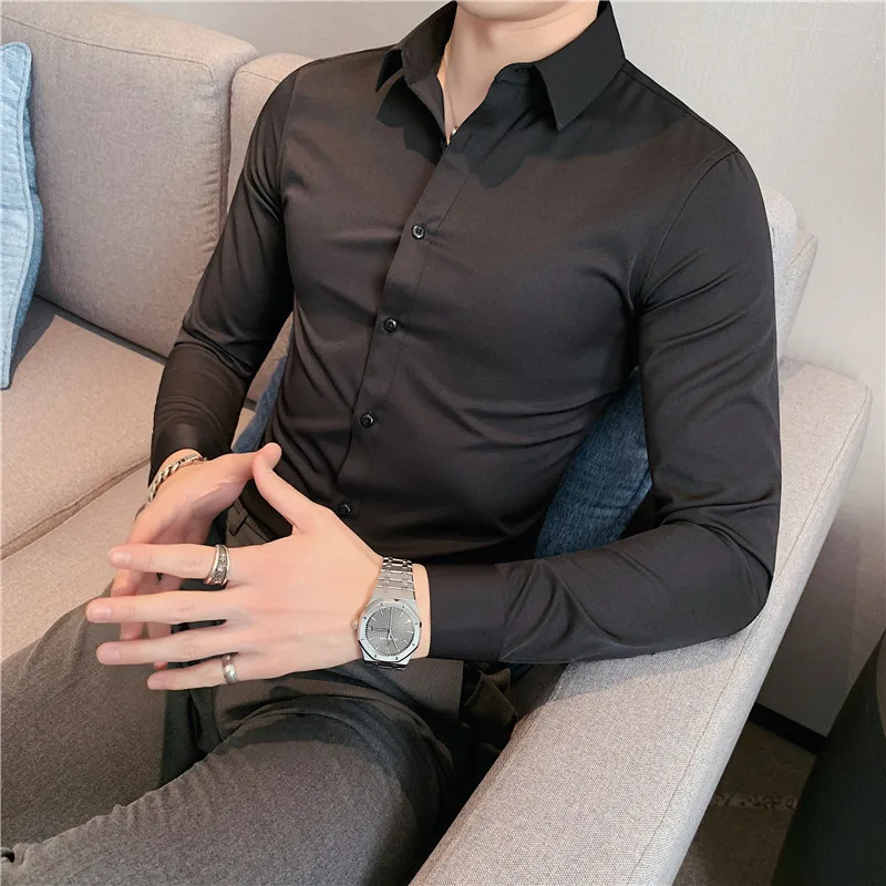 Plus Size S-7XL Men Dress Shirt Autumn Long Sleeve Solid Business Slim Shirt Homme Social Casual