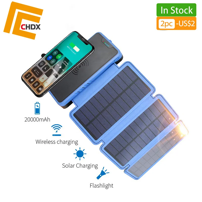 

CHDX 20000mah Solar Charger USB Power Bank Solar Panel Wireless Charger for Mobile Phone Pad USB Charger New
