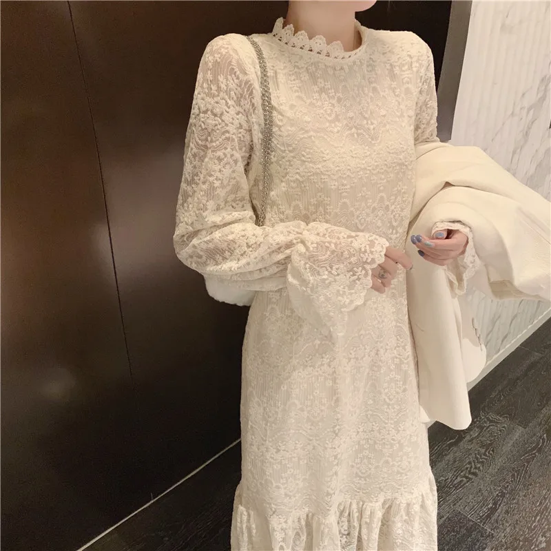 Модное женское платье, новинка, весеннее платье с оборками, длинный рукав, элегантное кружевное платье, Ретро стиль, тонкое, шикарное миди платье, феи Vestidos