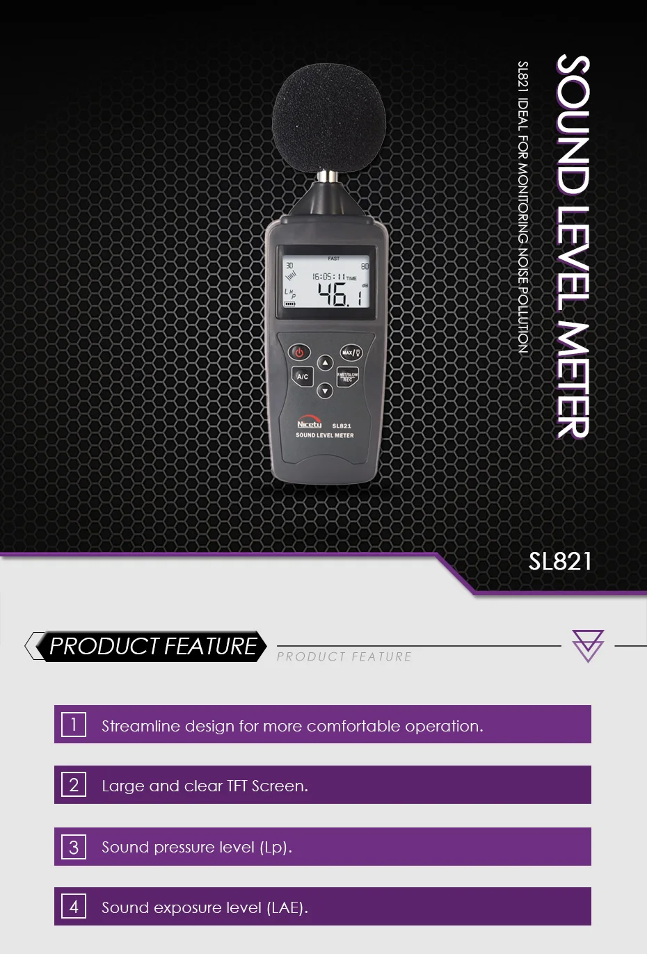Nicetymeter SL821-Gray 30-130dBA портативный цифровой звуковой шум аудио измеритель уровня измерения децибел давления Регистратор Тестер монитор