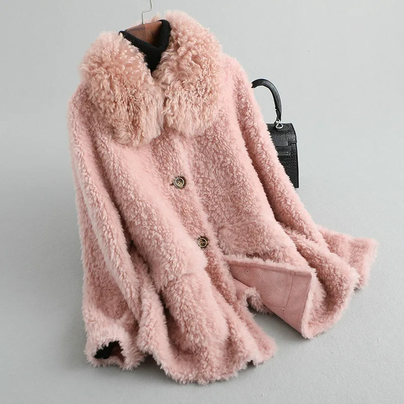 pink Осенне-зимнее пальто женская одежда шерстяная куртка с натуральным мехом пальто корейские винтажные овечья шерсть Топы Manteau Femme ZT3876 - Цвет: pink