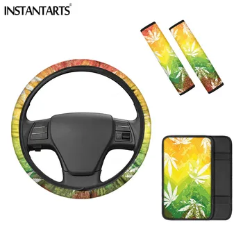 

INSTANTARTS Gradient Hemp Leaf Print Smooth Steering Wheel Cover Easy to Install Center Console Cover Waterproof Seat Belt Cover