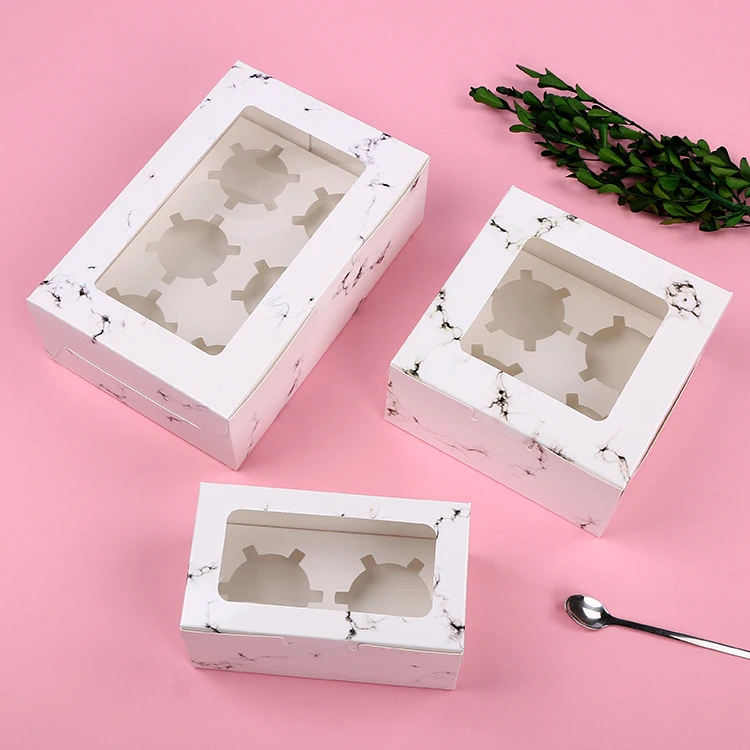 

30pcs Marbling Paper Cake Box With Window Packing 2/4/6 Cups Muffin Cupcake Box Wedding Birthday Baby Shower Gift Box Cookie Bag