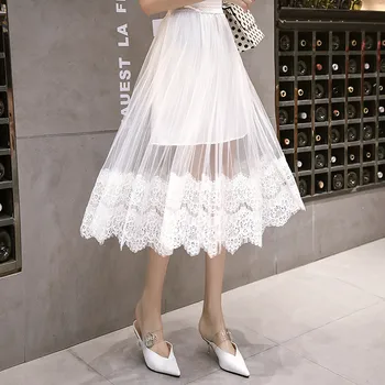 

Pleated Women Skirt Mesh Lace Chic Gorgeous Harajuku Solid Color Mujer Elastic Waist Summer Skirt Slim New White Skirts