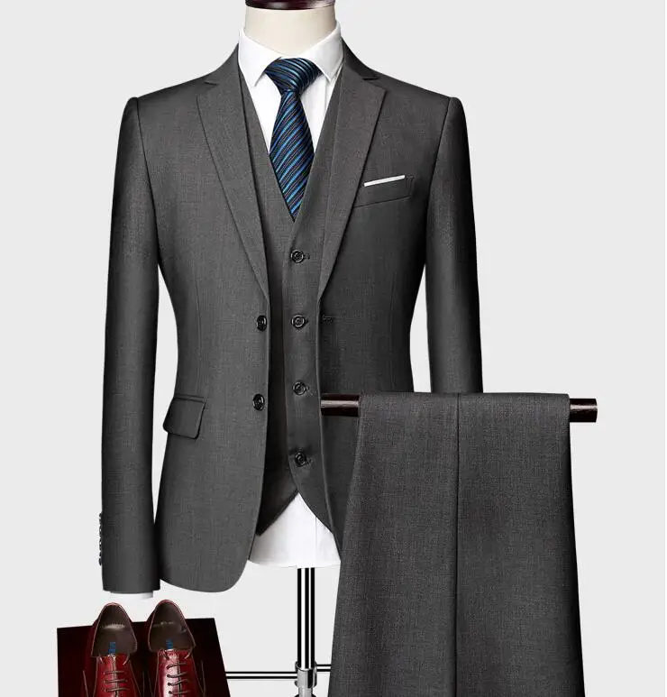 Jacket+ Pant / New Men Business Slim Suits Sets Wedding Dress Three-piece Suit Blazers Coat Trousers Waistcoat M-6XL - Color: Dark grey